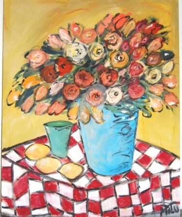 Malerei mit dem Titel "red and white table…" von Milu Petersen, Original-Kunstwerk