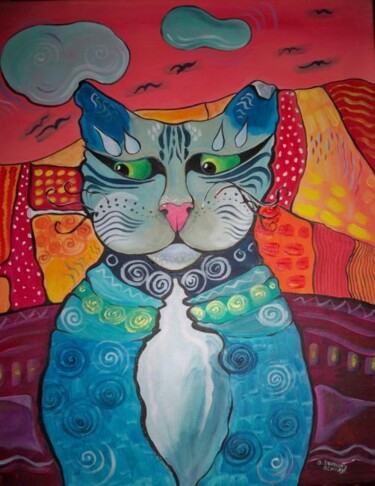 Peinture intitulée "Le chat au tricot" par Elisabeth Renard (B.Dumont Renard), Œuvre d'art originale, Acrylique Monté sur Ch…