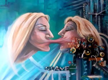 Collagen mit dem Titel "Slave4U" von August Di Lena, Original-Kunstwerk, Acryl