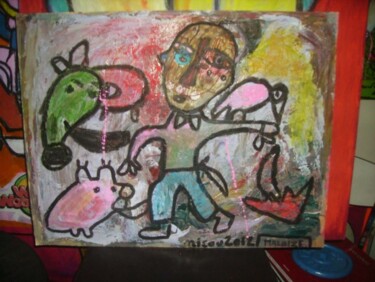 Painting titled "LE PARAPLUIE ROUGE ." by Nicolas Malaize (Nicou), Original Artwork