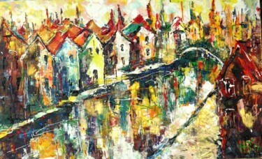 Painting titled "Amsterdam Canal" by Natalia Veneva, Original Artwork, Oil