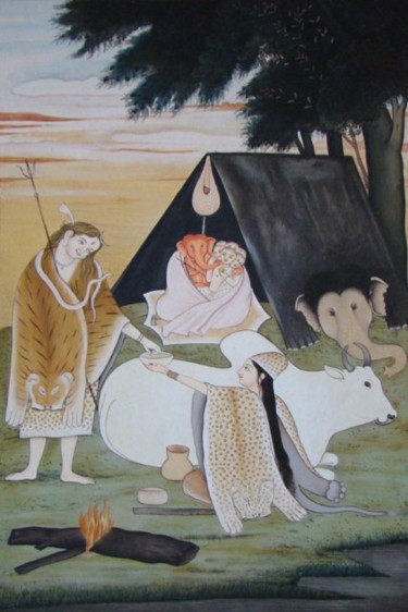 GOD SHIVA WITH FAMILY Peinture intitulée "GOD SHIVA WITH FAMI…" par Vijay Soni, Œuvre d'art originale, Pigments