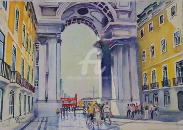 Peinture intitulée "Lisbonne, Baixa, ru…" par Claude Marchalot, Œuvre d'art originale, Aquarelle
