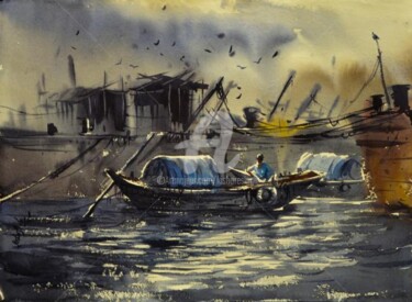 Painting titled "Kolkatta_BabuGhat02" by Kishore Singh, Original Artwork
