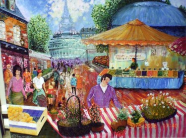 Peinture intitulée "Marché à Paris" par Cloper, Œuvre d'art originale, Acrylique Monté sur Châssis en bois