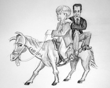Zeichnungen mit dem Titel "Merkozy reiten Euro…" von Zeichnungen/Fotografie, Original-Kunstwerk, Andere
