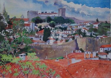 Peinture intitulée "Obidos et ses rempa…" par Claude Marchalot, Œuvre d'art originale, Aquarelle