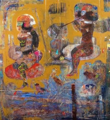 Pintura titulada "Three Flowers and a…" por Mustafa Delioglu, Obra de arte original, Oleo