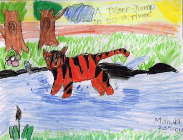 Painting titled "Tiger Jump in to Ri…" by Manula Hewamanage, Original Artwork