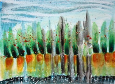 Paysage peupliers Peinture intitulée "Paysage peupliers" par Delphine Mabed, Œuvre d'art originale