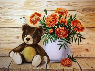 A teddy bear and marigolds. Плюшевый Миша с бархатцами 绘画 标题为“A teddy bear and ma…” 由Valentina Valevskaya, 原创艺术品, 油