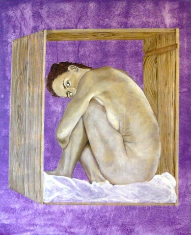 Peinture intitulée "nu en caisse de bois" par Madorssane, Œuvre d'art originale, Huile