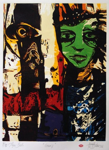 Druckgrafik mit dem Titel ""Past"" von Tezcan Bahar, Original-Kunstwerk, Holzschnitt