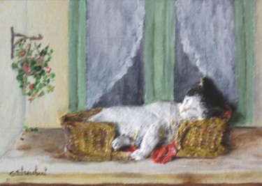 repos du chat Peinture intitulée "repos du chat" par Géraldine Streichert, Œuvre d'art originale, Huile