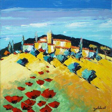 Coquelicots vers le village Peinture intitulée "Coquelicots vers le…" par Francis Jalibert, Œuvre d'art originale, Huile Monté sur Châssis en bois