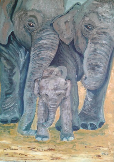 Elephants Peinture intitulée "Elephants" par Isabelle Blot, Œuvre d'art originale, Huile Monté sur Châssis en bois