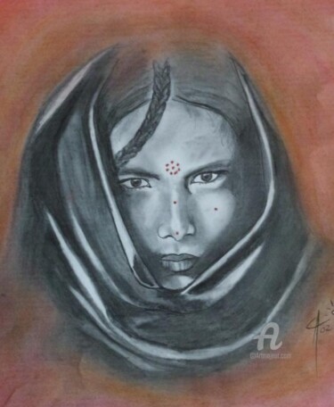 Peinture intitulée "Jeune fille au voile" par Céline Alves, Œuvre d'art originale, Huile