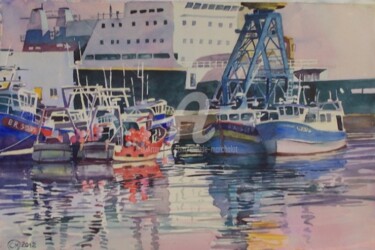La flottille de pêche blottie sous le cablier Peinture intitulée "La flottille de pêc…" par Claude Marchalot, Œuvre d'art originale, Aquarelle