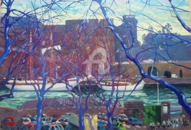 Brest, Porte Jean Bart, la rue neuve et les arbres bleus Malerei mit dem Titel "Brest, Porte Jean B…" von Claude Marchalot, Original-Kunstwerk, Öl