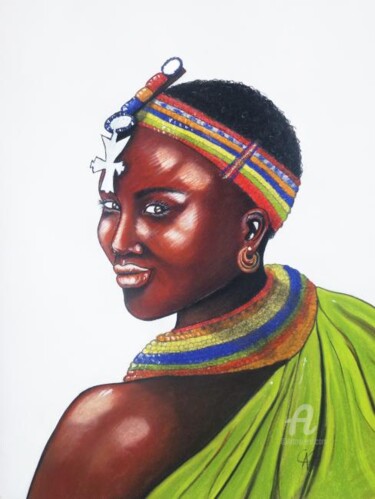 Peinture intitulée "Femme Samburu" par Céline Alves, Œuvre d'art originale, Huile