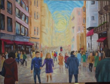 Peinture intitulée "Beyoğlu'da Kış Güne…" par Erdal Bölükbaşı, Œuvre d'art originale, Huile