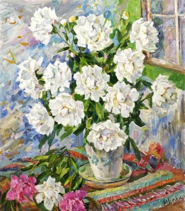 Painting titled "Peony" by Mihail Kokin, Original Artwork, Oil