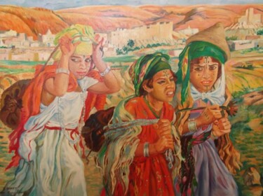 Pittura intitolato "les porteuses d'eau…" da Hassina Bouglam, Opera d'arte originale