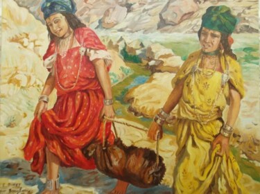 Pittura intitolato ""Corvée d'eau" - re…" da Hassina Bouglam, Opera d'arte originale