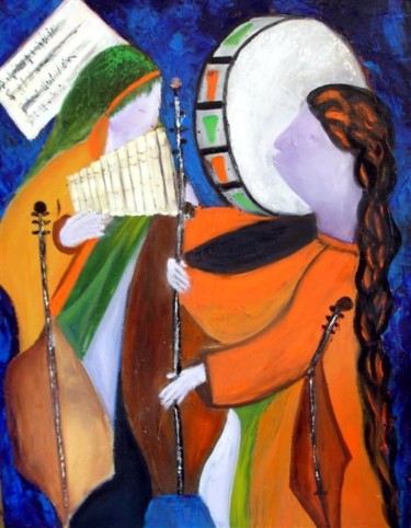 Malerei mit dem Titel "musiciens sans fron…" von Marjyne, Original-Kunstwerk, Öl