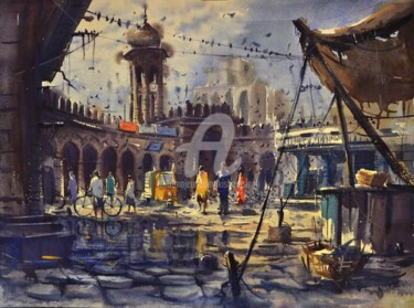 Painting titled "Mozamjahi Market03" by Kishore Singh, Original Artwork, Watercolor