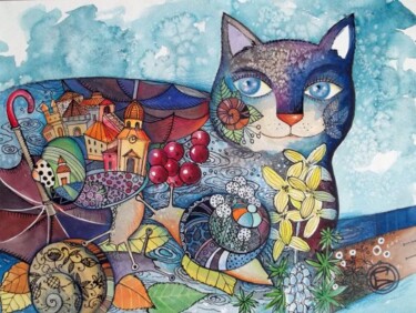 Painting titled "Escargot chat" by Oxana Zaika, Original Artwork, Oil