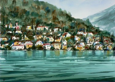 Painting titled "Lago di Como" by Tito Fornasiero, Original Artwork, Watercolor