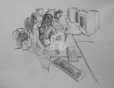 Dessin intitulée "Salle info" par Esther, Œuvre d'art originale