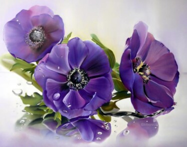 Painting titled "ANEMONES BLEUES" by Brigitte Bouron, Original Artwork, Oil