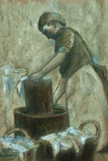Schilderij getiteld "Aan de wastobbe" door Paul Gosselin, Origineel Kunstwerk, Olie