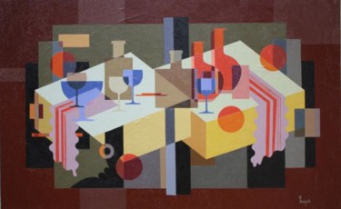 Painting titled "NATURE MORTE." by Jean Rougerie, Original Artwork, Oil Mounted on Wood Stretcher frame