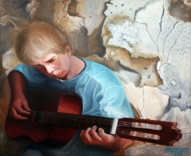 Peinture intitulée "l'enfant à la guita…" par André Teyssier, Œuvre d'art originale