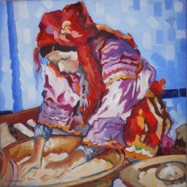 Femme kabyle prépare le couscous Peinture intitulée "Femme kabyle prépar…" par Rahmouna Boudjellal, Œuvre d'art originale