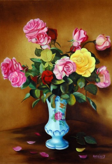 Peinture intitulée "BOUQUET DE ROSES" par Yvette Matysiak, Œuvre d'art originale, Huile