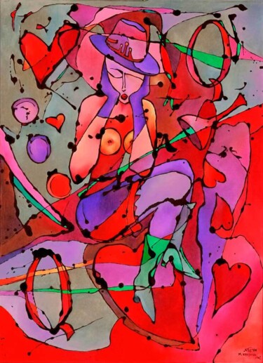 Malarstwo zatytułowany „Dama Kier Queen of…” autorstwa Małgorzata Krasucka, Oryginalna praca, Olej Zamontowany na Drewniana…