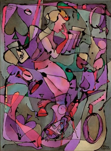 Malarstwo zatytułowany „Dama Pik Queen of S…” autorstwa Małgorzata Krasucka, Oryginalna praca, Olej Zamontowany na Drewniana…