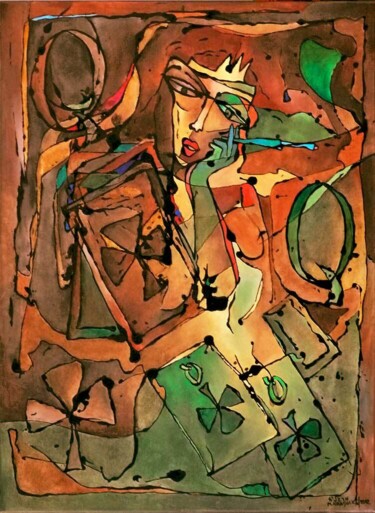 Malarstwo zatytułowany „Dama Trefl Queen of…” autorstwa Małgorzata Krasucka, Oryginalna praca, Olej Zamontowany na Drewniana…