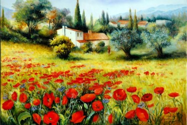 Peinture intitulée "LE MAS AUX COQUELIC…" par Yvette Matysiak, Œuvre d'art originale, Huile