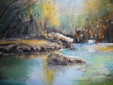 Peinture intitulée "échassier à la pêche" par Françoise Pillou, Œuvre d'art originale, Aquarelle