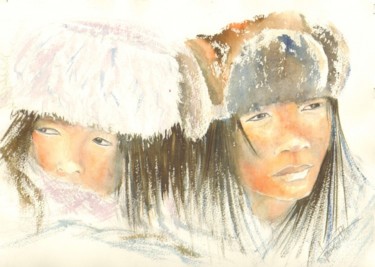 Painting titled "dans le froid" by Françoise Pillou, Original Artwork, Watercolor