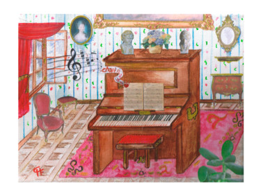 Le piano de mon enfance ... Dessin intitulée "Le piano de mon enf…" par Cathart, Œuvre d'art originale, Aquarelle