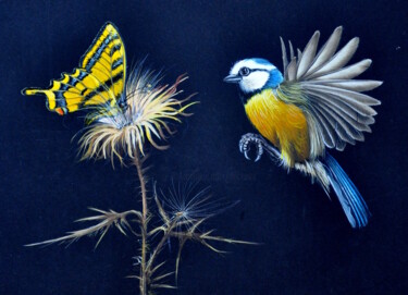 Peinture intitulée "MESANGE BLEUE" par Michel Michaux, Œuvre d'art originale, Gouache