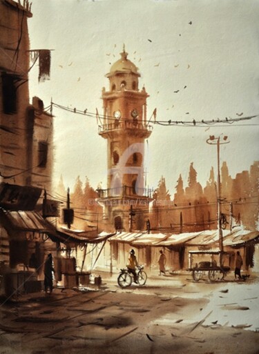 Painting titled "mahboob-chowk-clock…" by Kishore Singh, Original Artwork, Oil