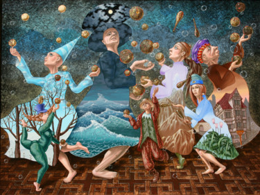 绘画 标题为“JUGGLERS” 由Victor Molev, 原创艺术品, 油 安装在木质担架架上