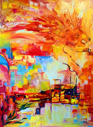 Peinture intitulée "le lion" par Nanou, Œuvre d'art originale, Huile